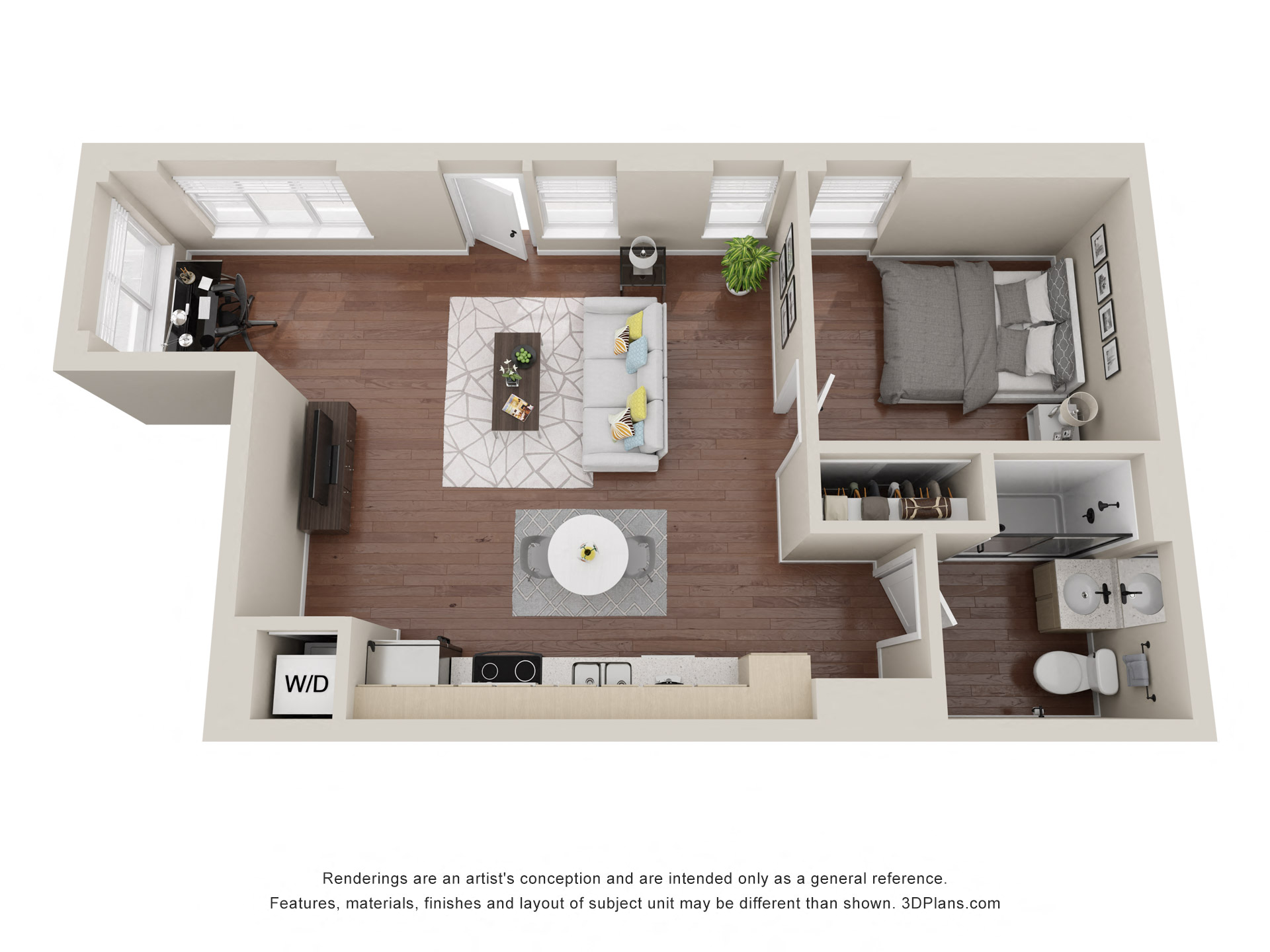 Floor plan for 1 bed, 1 bath, 578 sqft